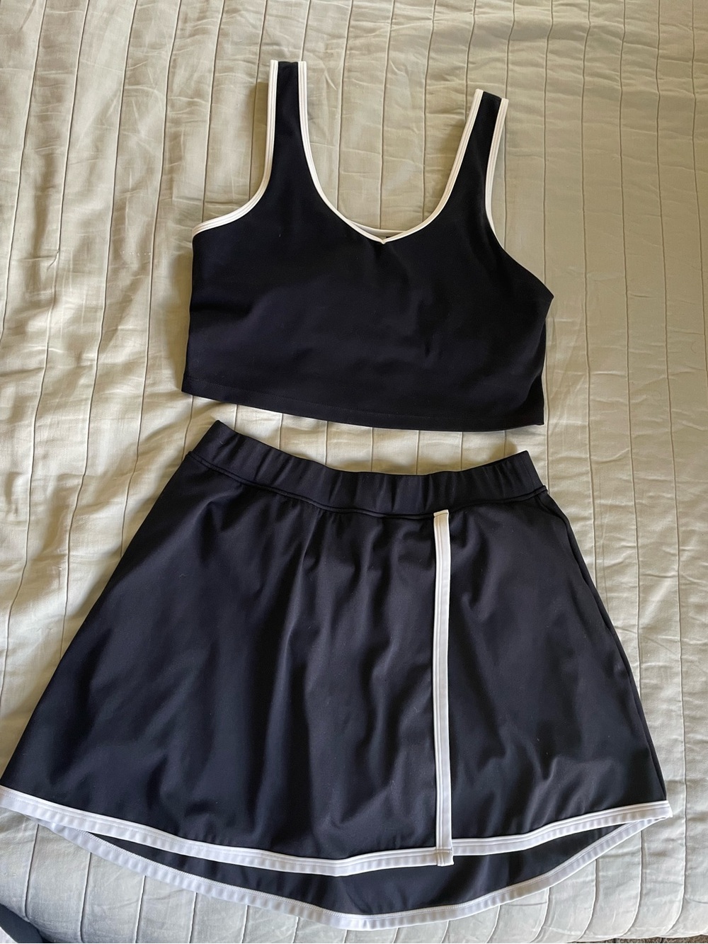 Yogalicious Black Athletic Skort and Tank Sports Bra with White Trim Accent